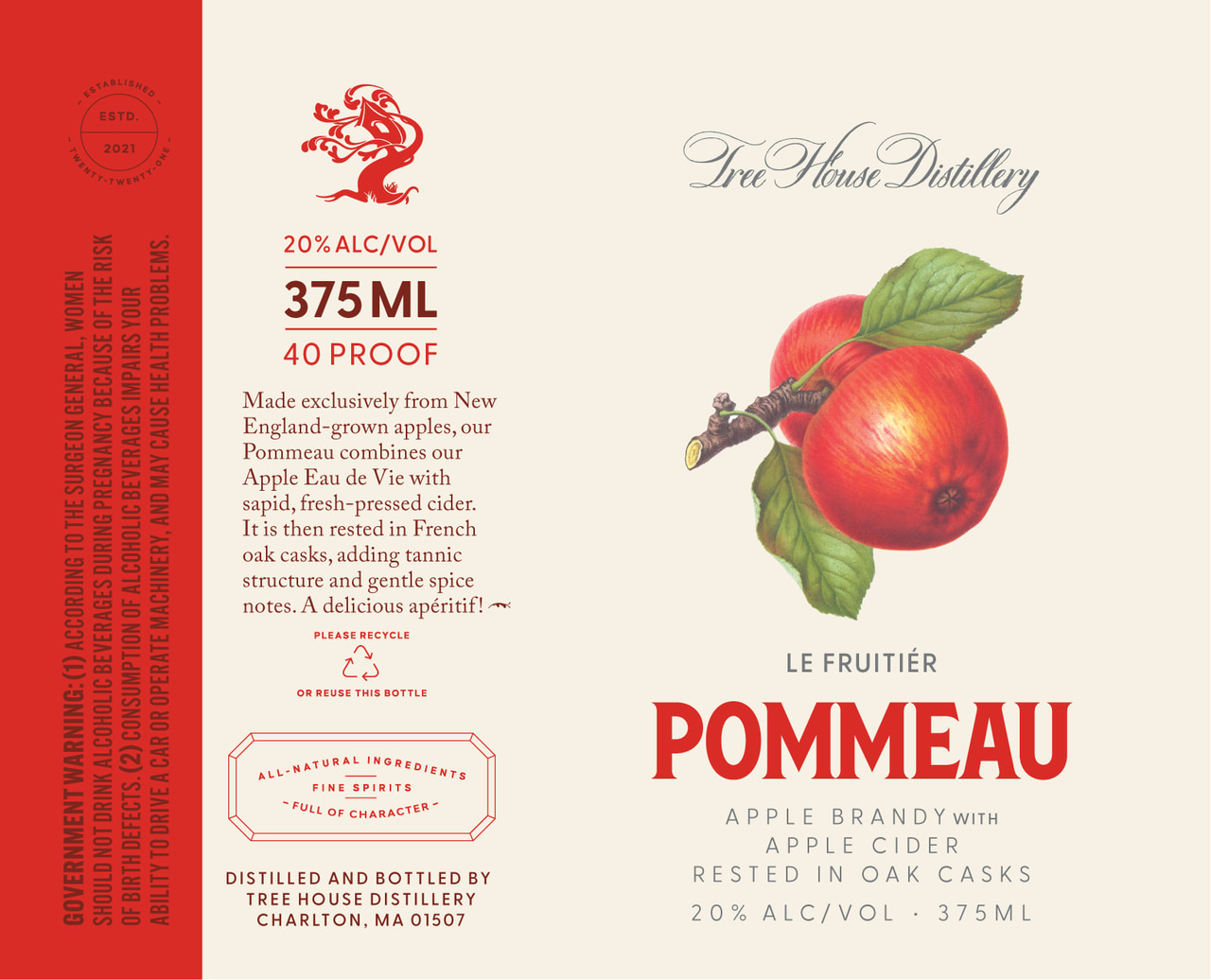 Tree House Distillery Le Fruitier Pommeau label with a painted apple, cream background and red side panel; apple brandy with apple cider rested in oak casks, 20% alc/vol, 375 ml.