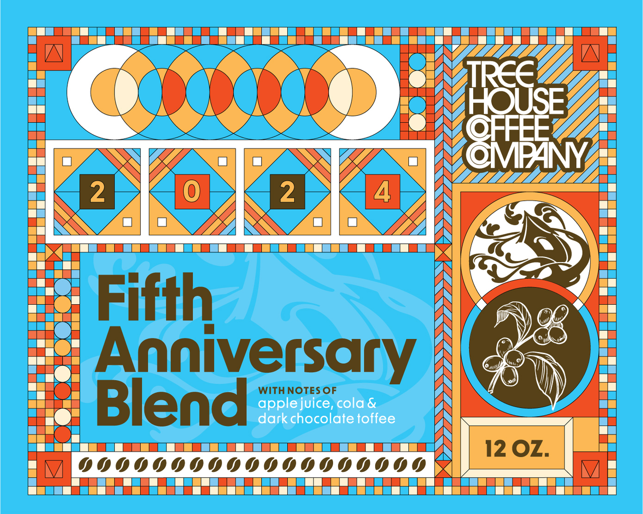 Tree House Coffee Company Fifth Anniversary Blend label with colorful geometric borders, 2024 numerals, blue lettering and circular ornamental illustrations.
