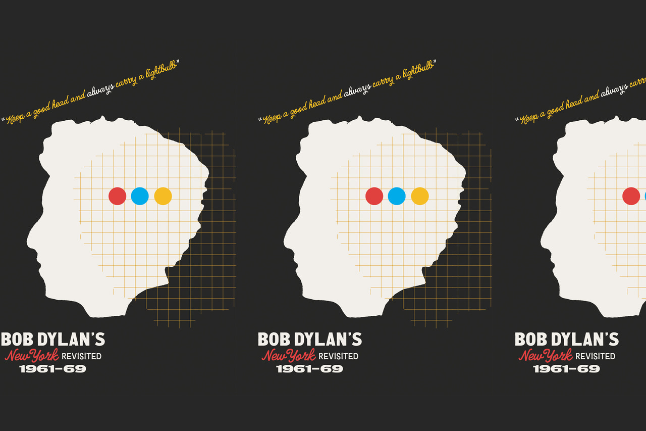 Three adjacent Bob Dylan’s New York Revisited, 1961–69 cover designs with cream profile silhouettes, fine grids and red, blue and yellow dots on black.
