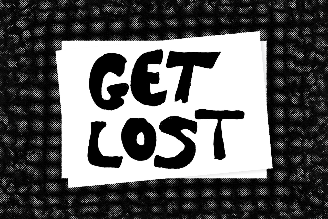 Get Lost in bold black brush lettering on overlapping white rectangles against a black halftone background.