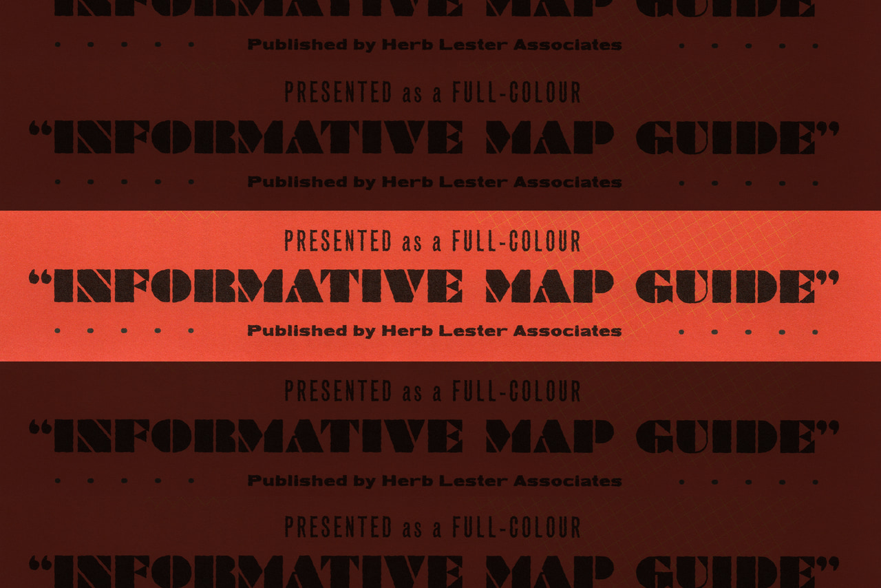 Repeated red-and-black typography graphic reading Presented as a full-color Informative Map Guide, published by Herb Lester Associates.
