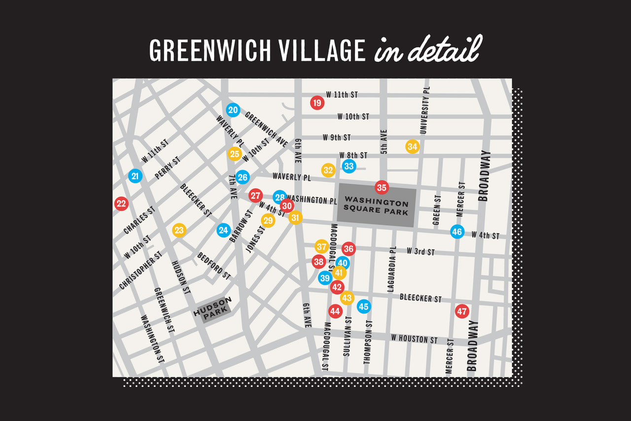 Greenwich Village in Detail map inset with street labels and numbered red, yellow and blue location markers around Washington Square Park.