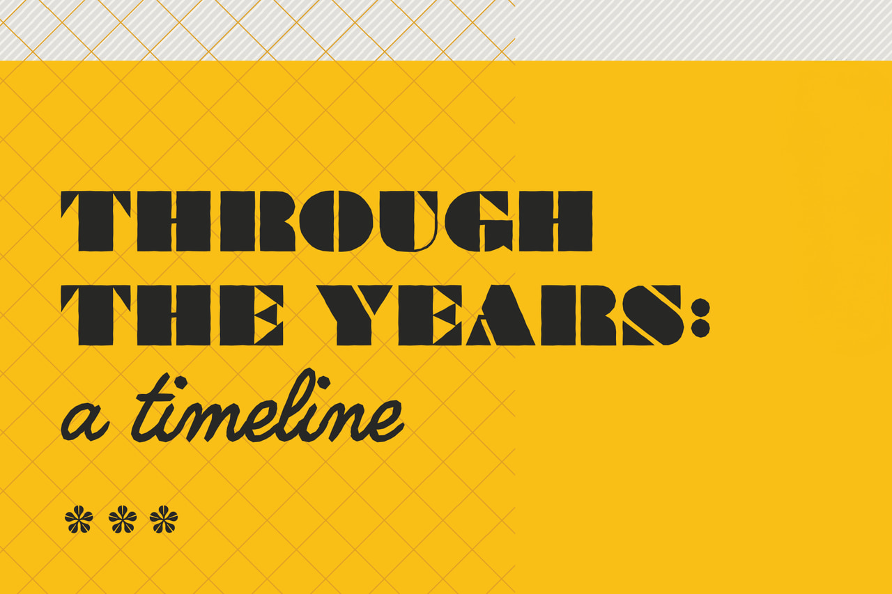 Through the Years: a timeline, in black display type and script on yellow with fine diagonal grids.