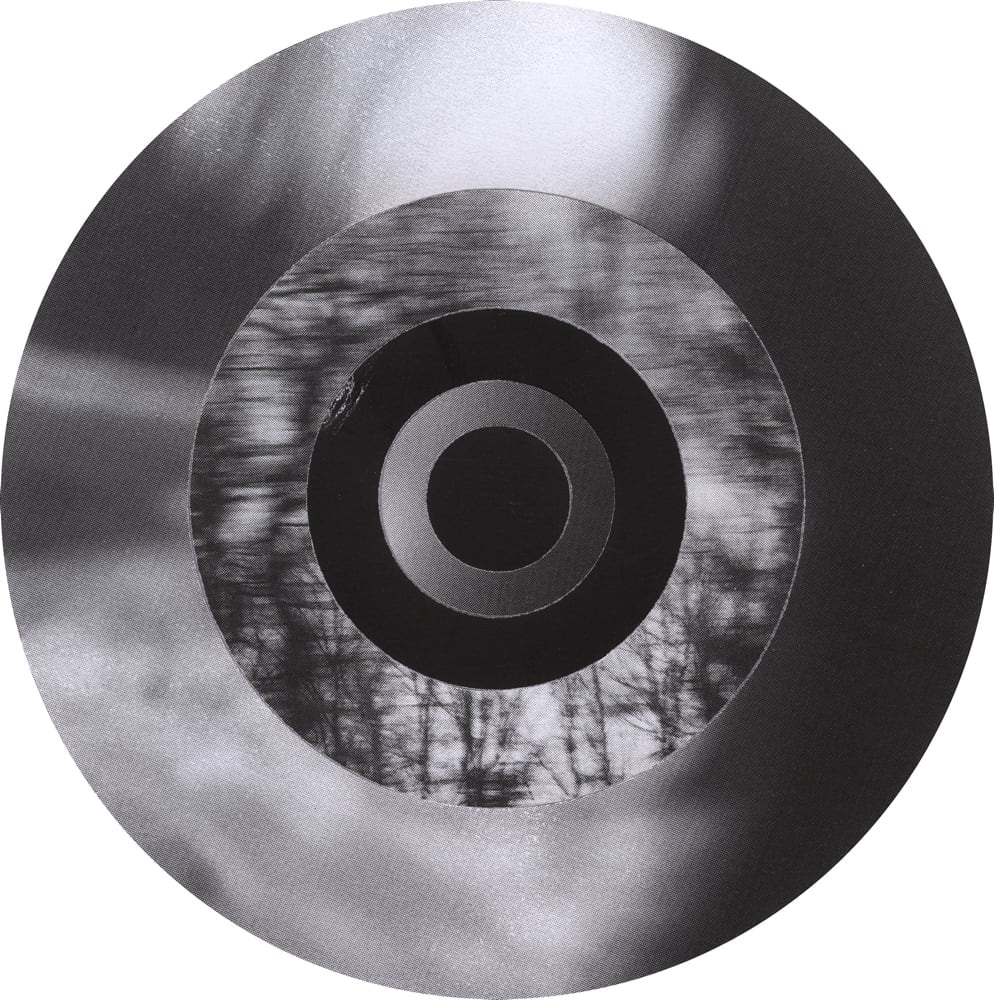 Concentric black-and-white photographic rings combining blurred highlights and bare tree branches.