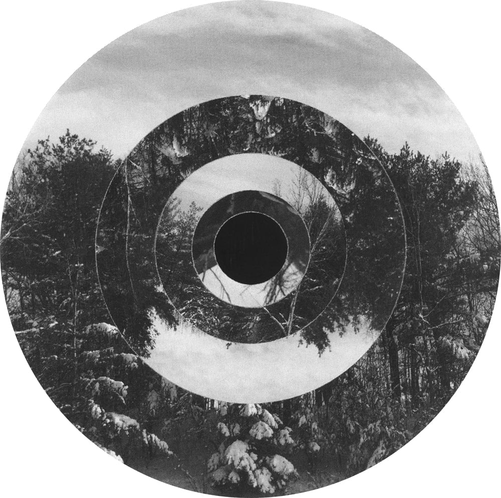 Circular black-and-white landscape collage with inverted tree reflections in concentric rings.