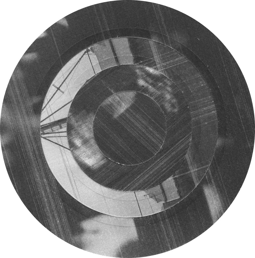 Concentric black-and-white rings combining wood grain and architectural lines.