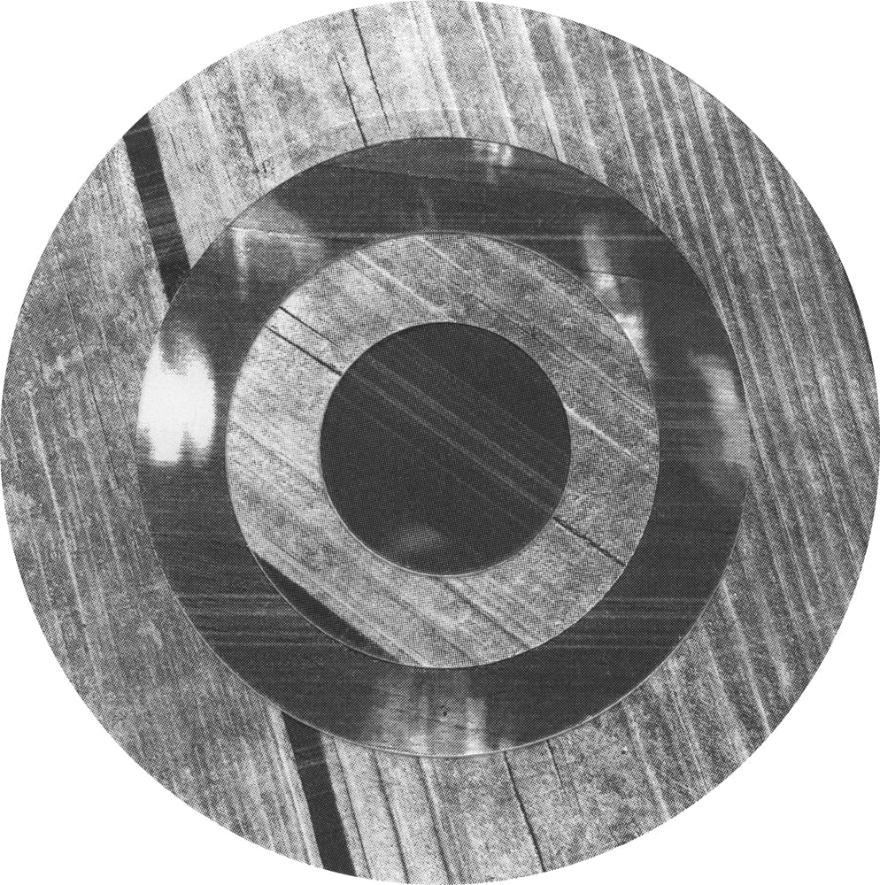 Circular black-and-white wood-grain collage with a pale inner ring and a dark center.