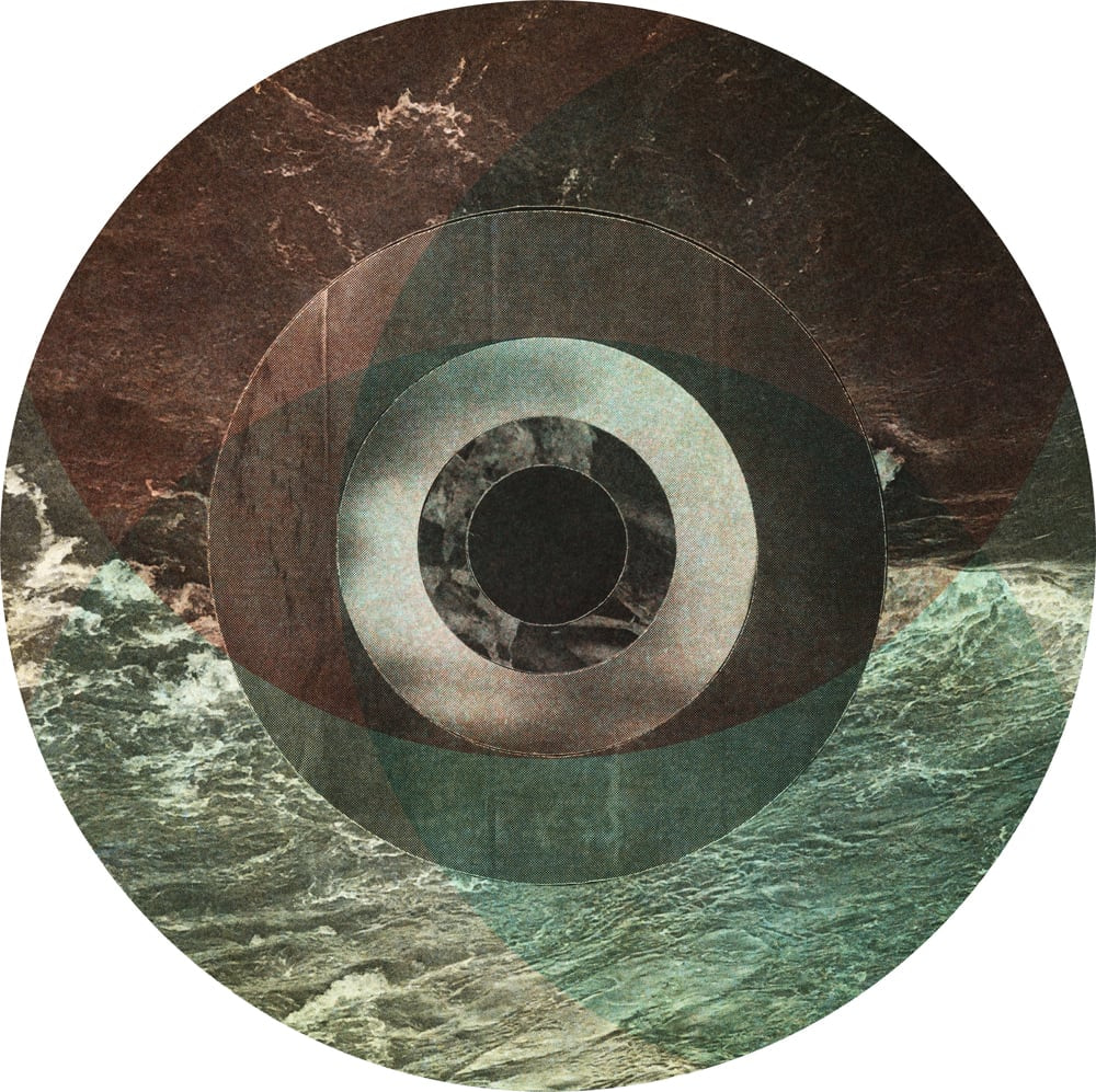 Circular collage of brown rock and teal water textures arranged in concentric rings.