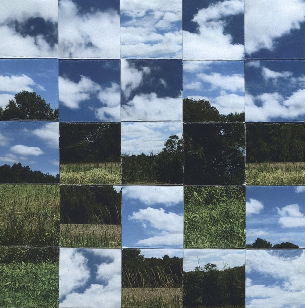 Square checkerboard collage mixing blue sky, clouds, grass and dark landscape photographs.