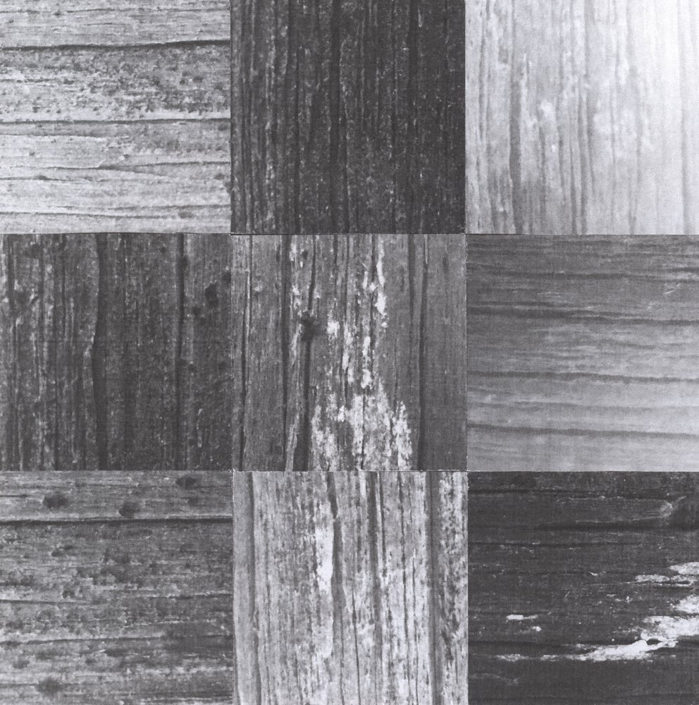 Nine-tile black-and-white wood-grain collage with horizontal and vertical grain fragments.