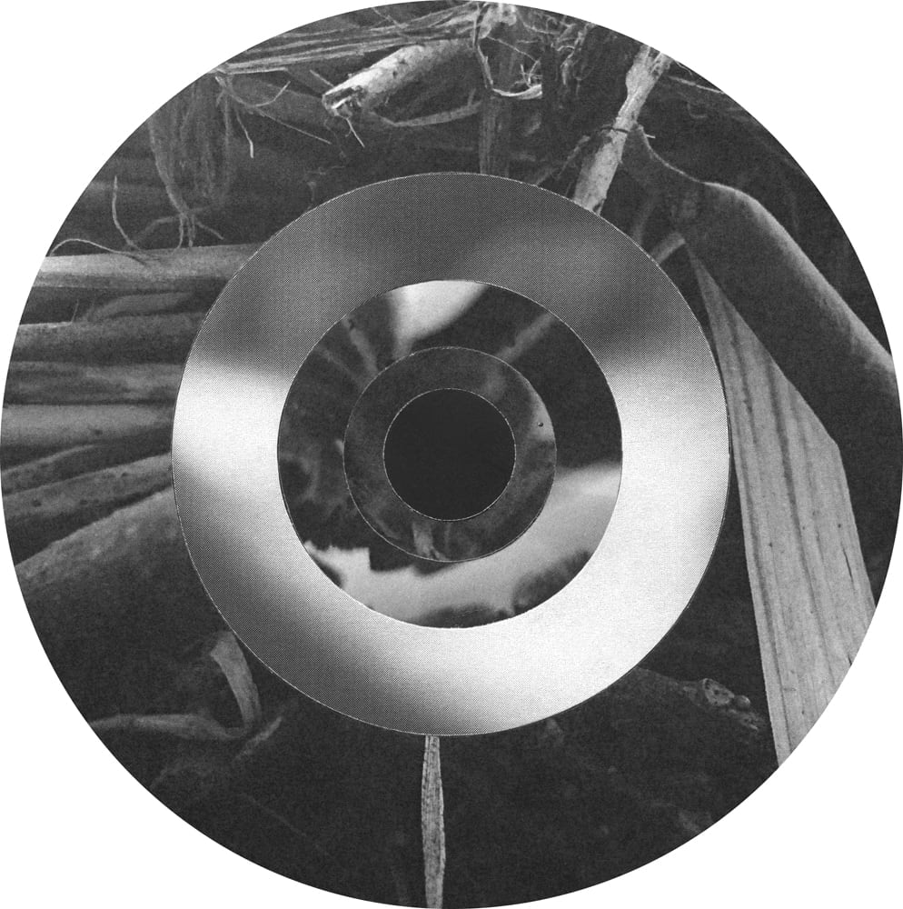 Circular black-and-white collage of leaf and wood textures around a broad silver-gray ring.