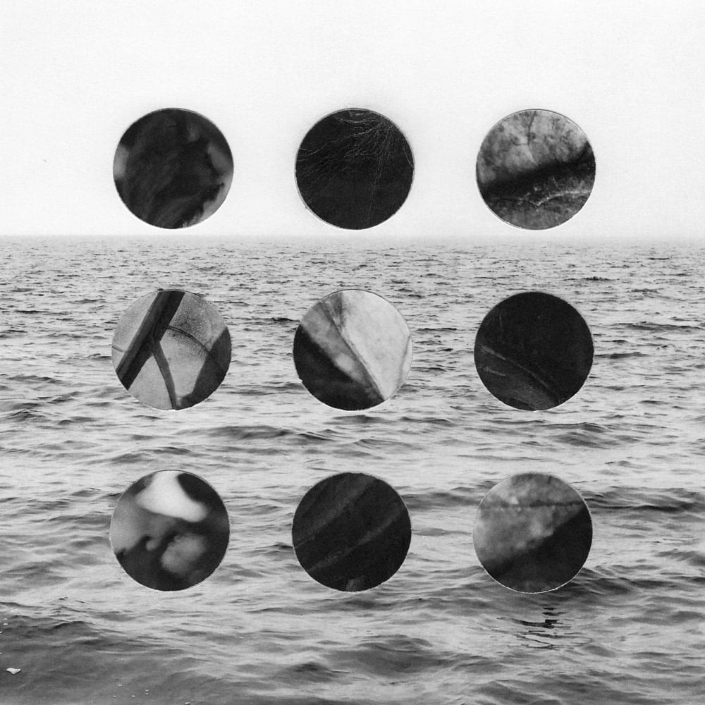 Nine circular photographic cutouts arranged in a three-by-three grid over a black-and-white water photograph.