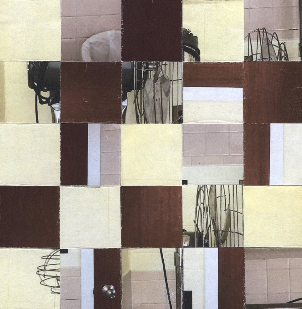 Square checkerboard collage of cream and brown panels mixed with cropped architectural photographs.