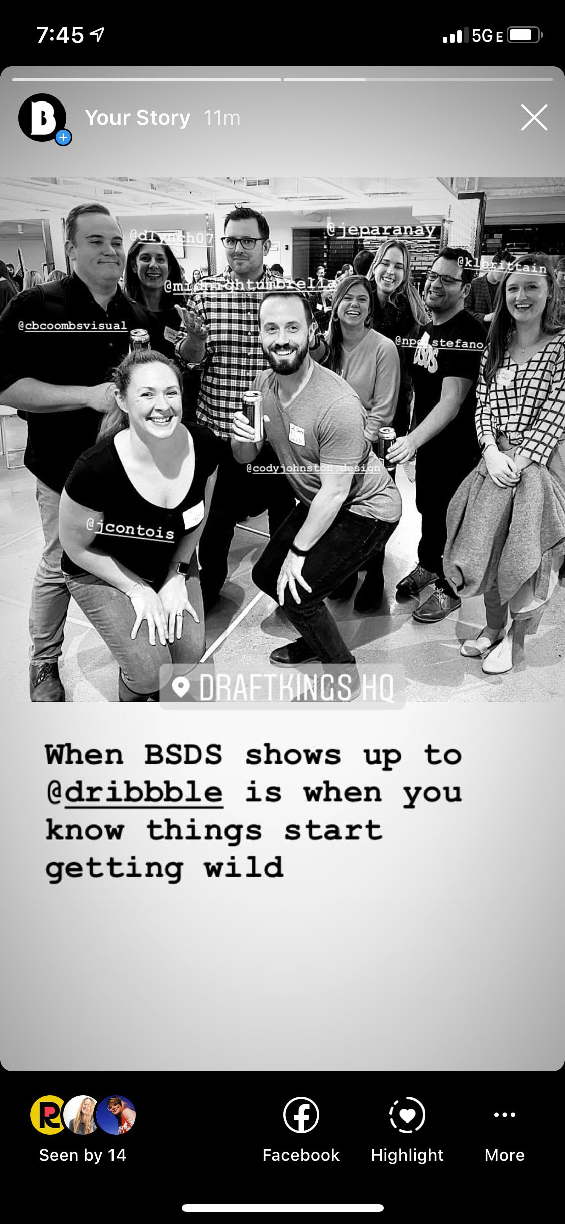 Social-media story screenshot with a black-and-white group photograph: When BSDS shows up to @dribbble is when you know things start getting wild.