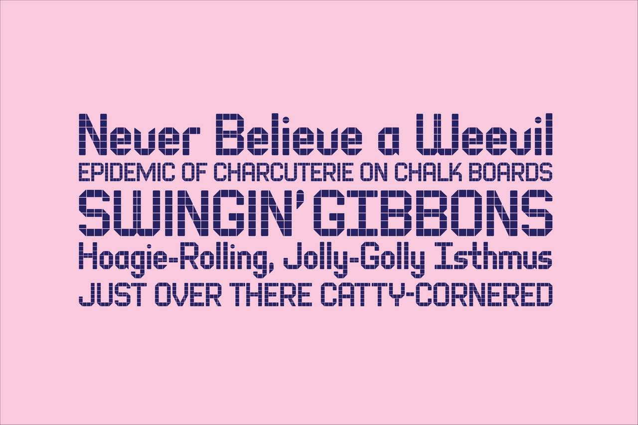 Pool Tile Sans specimen in dark purple on pink: Never believe a weevil. Epidemic of charcuterie on chalk boards. Swingin' gibbons. Hoagie-rolling, jolly-golly isthmus. Just over there catty-cornered.