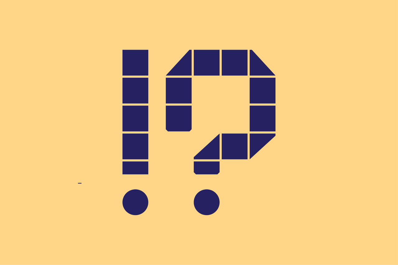 Dark purple exclamation and question marks formed from geometric tiles on yellow.