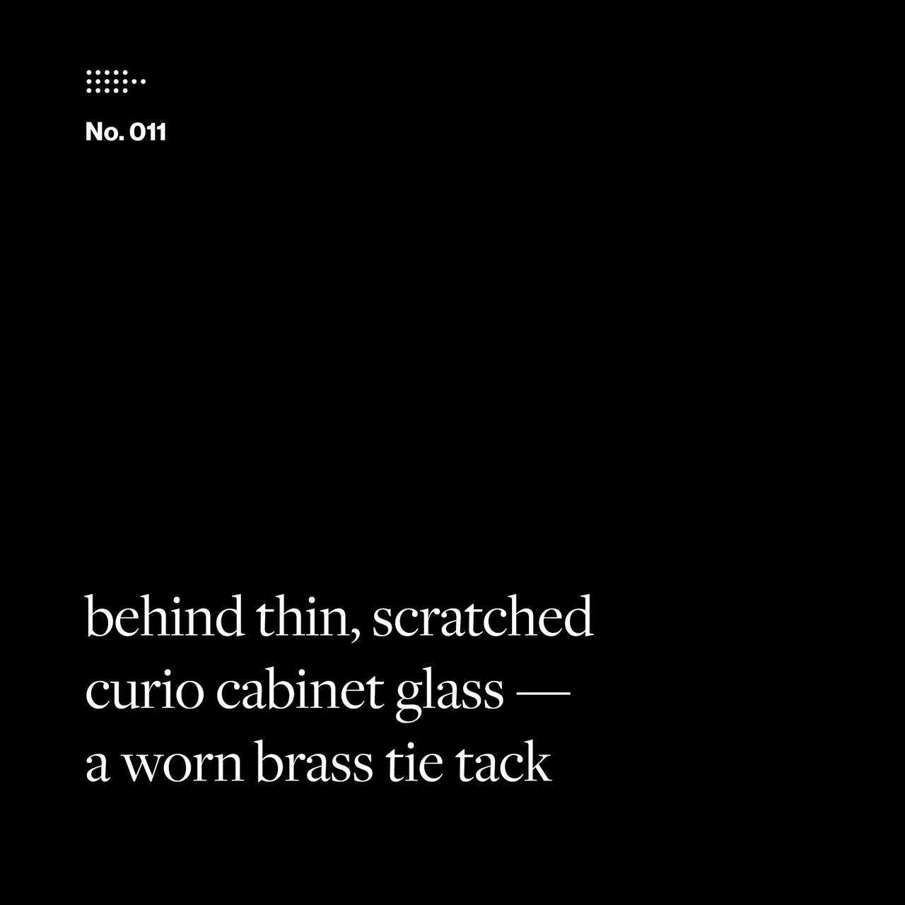 Poem No. 011: behind thin, scratched / curio cabinet glass— / a worn brass tie tack.