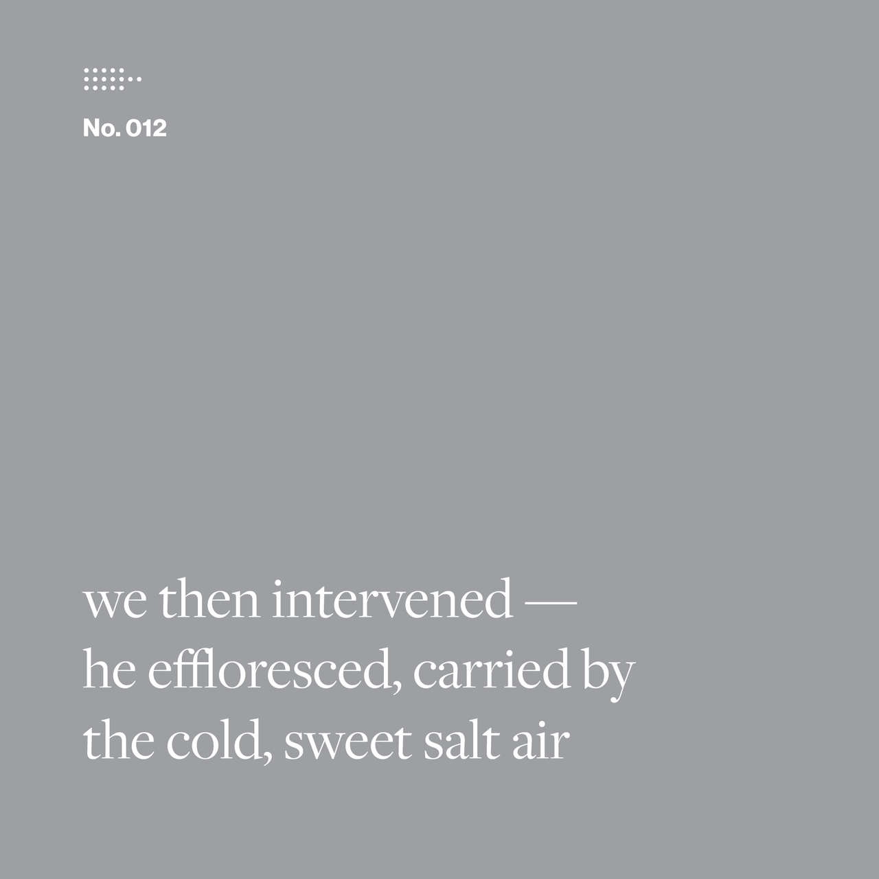 Poem No. 012: we then intervened— / he effloresced, carried by / the cold, sweet salt air.