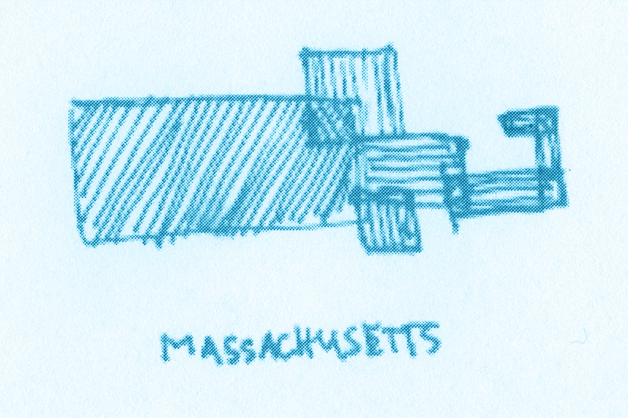 Blue pencil sketch of a geometric Massachusetts outline, labeled Massachusetts.