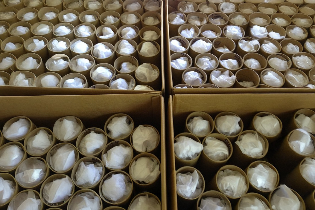 Open boxes filled with cardboard mailing tubes capped with bundled white packing material.