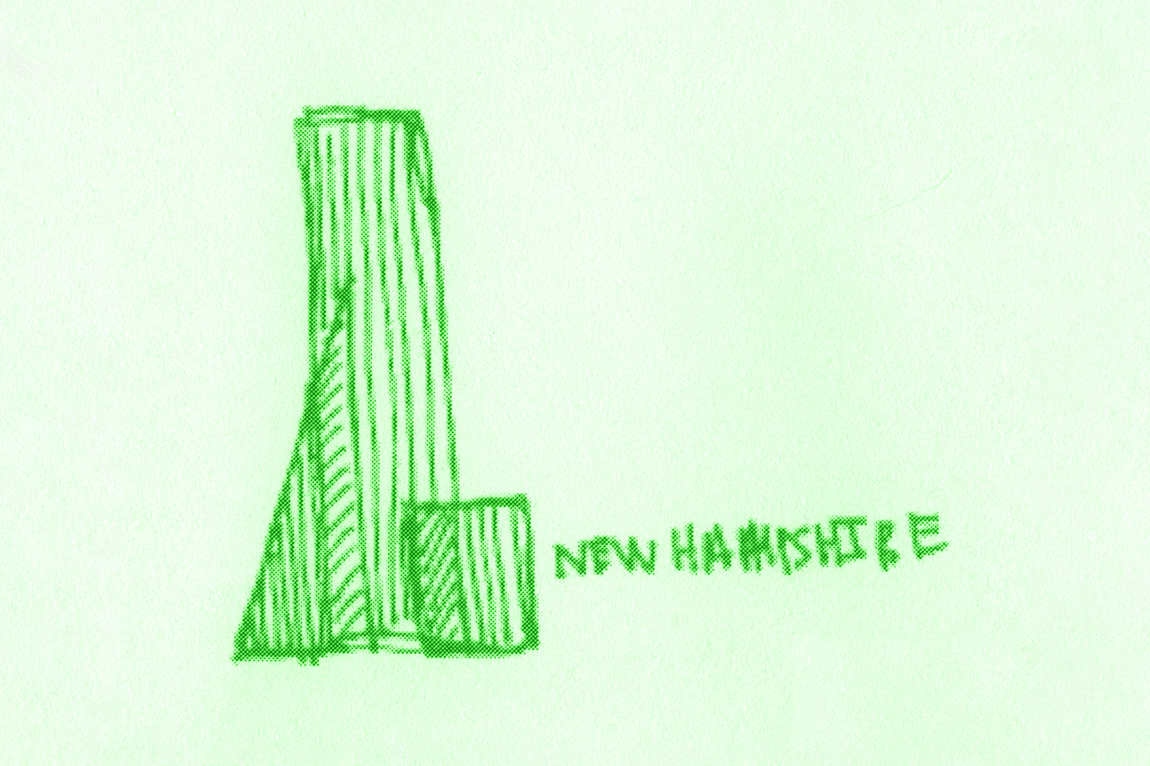 Green pencil sketch labeled New Hampshire, with a tall shaded outline on pale paper.