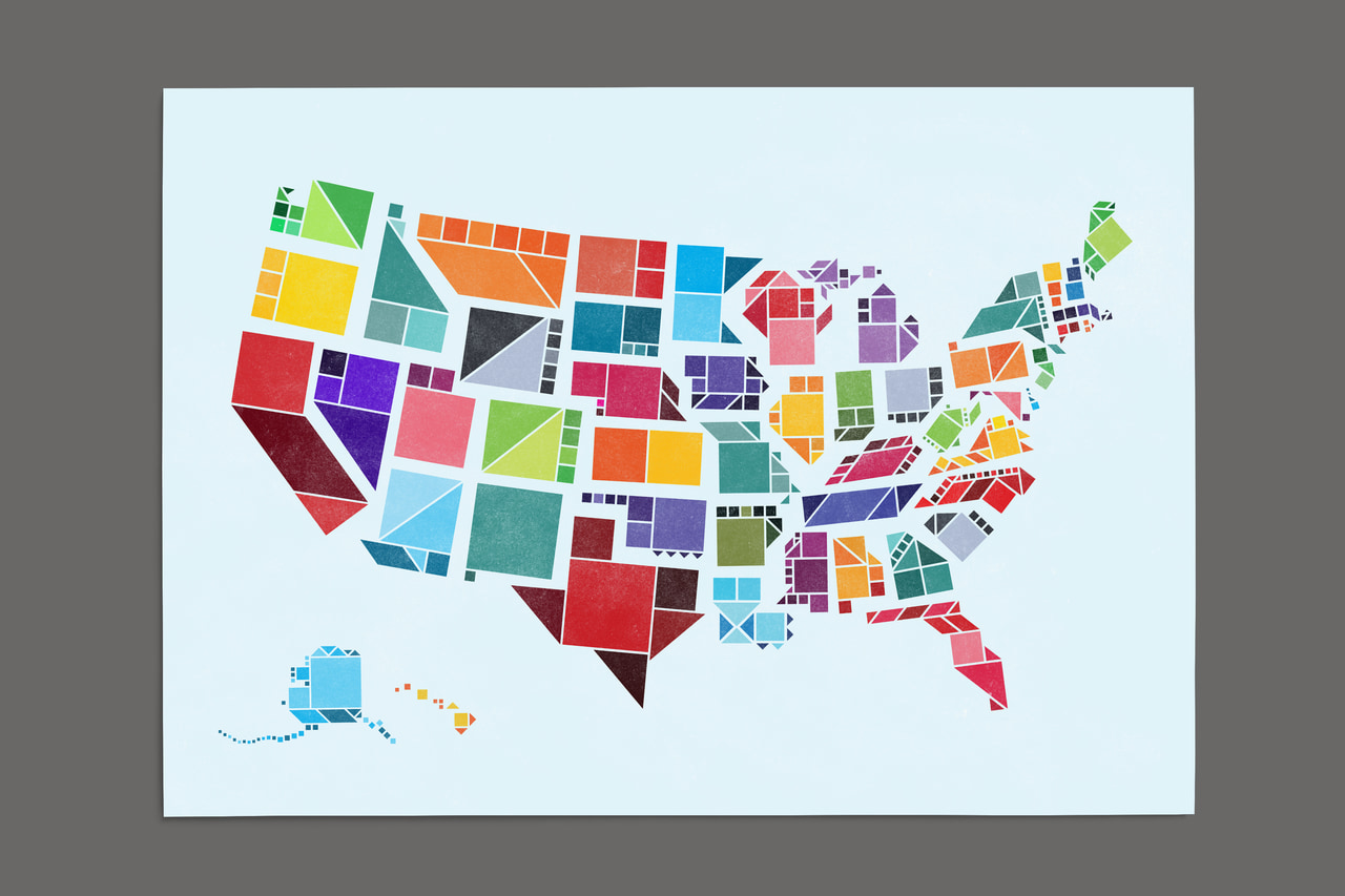 Tangram States print showing the United States as a patchwork of colorful geometric pieces, with Alaska and Hawaii below.