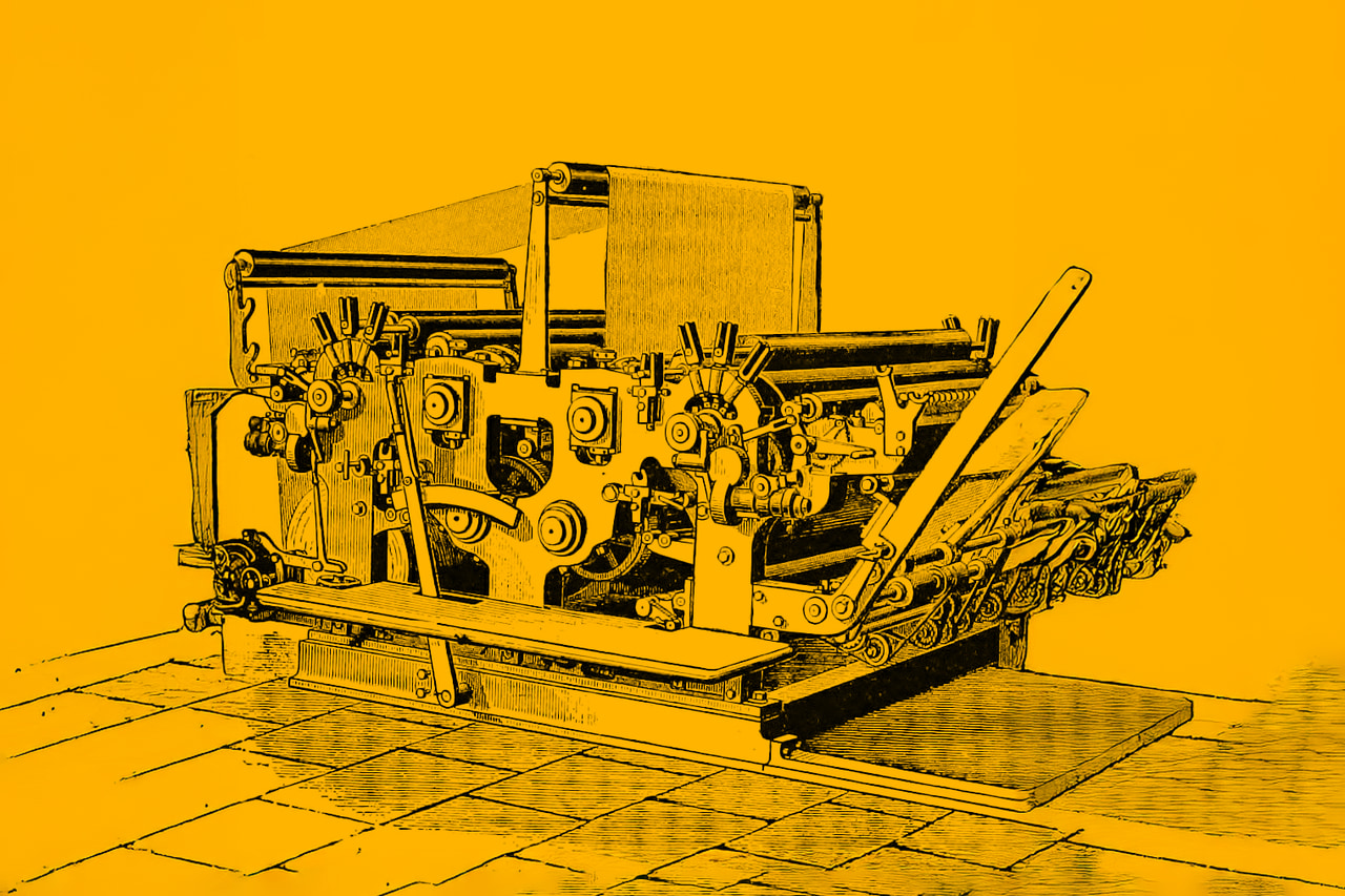 Black line illustration of a large printing machine on a yellow background.