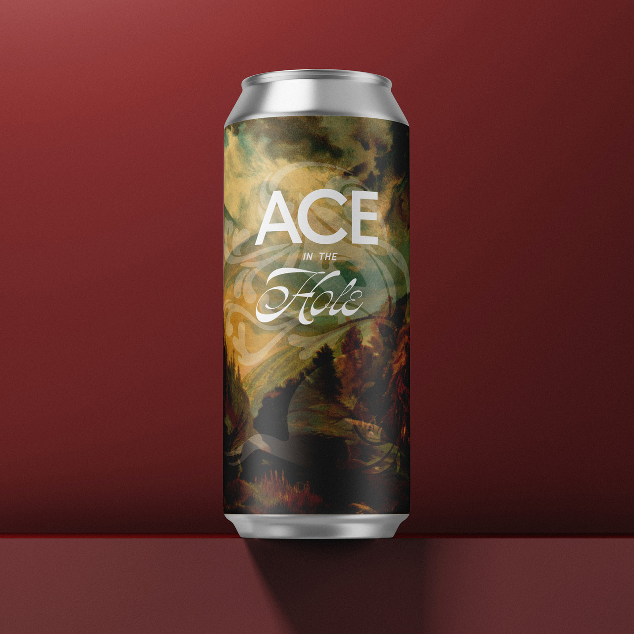 Tall Ace of Haze can with white lettering over dark gold and green photographic textures, on burgundy.