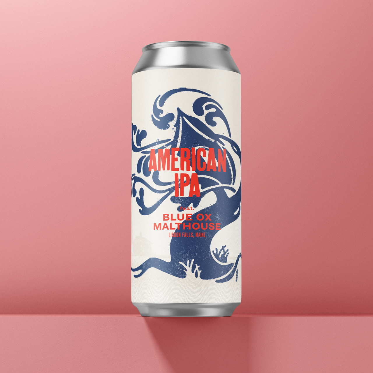 Cream American IPA can with a blue ornamental tree and red lettering reading Blue Ox Malthouse, on pink.