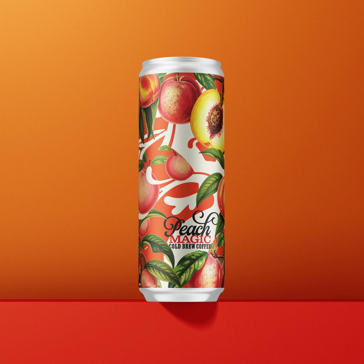 Slim Peach Magic can with peach and leaf illustrations and flowing red-and-white lettering on orange.