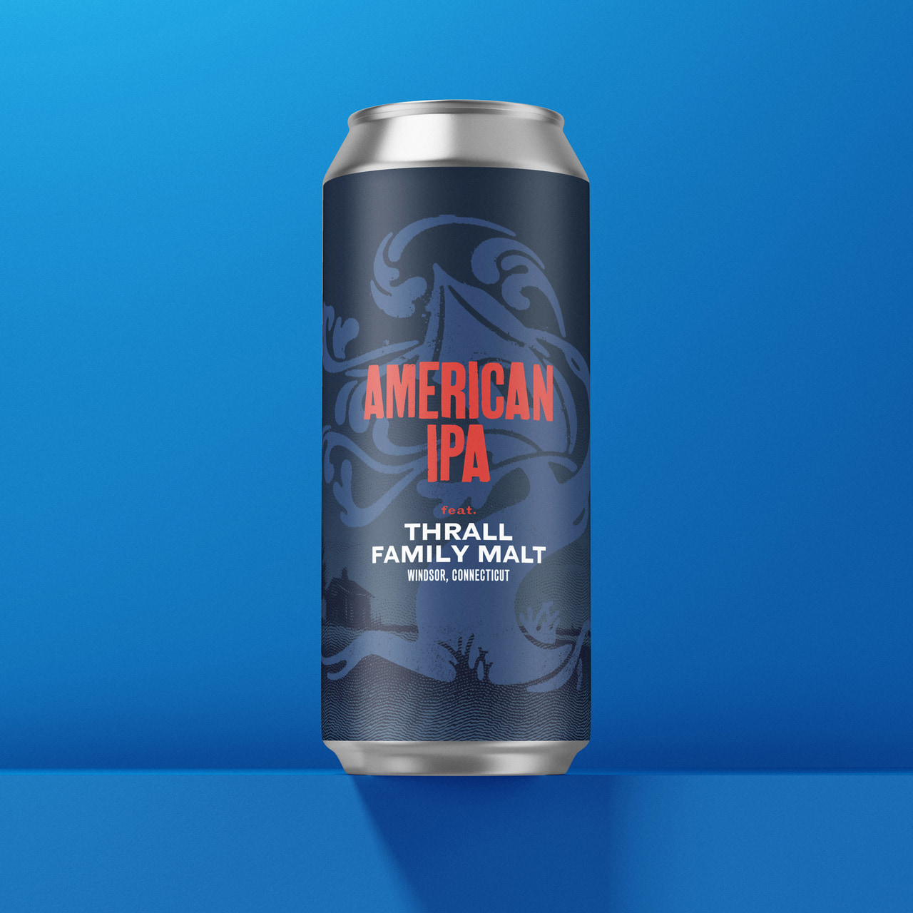 Dark blue American IPA can with red lettering and a blue ornamental tree: Thrall Family Malt, on bright blue.