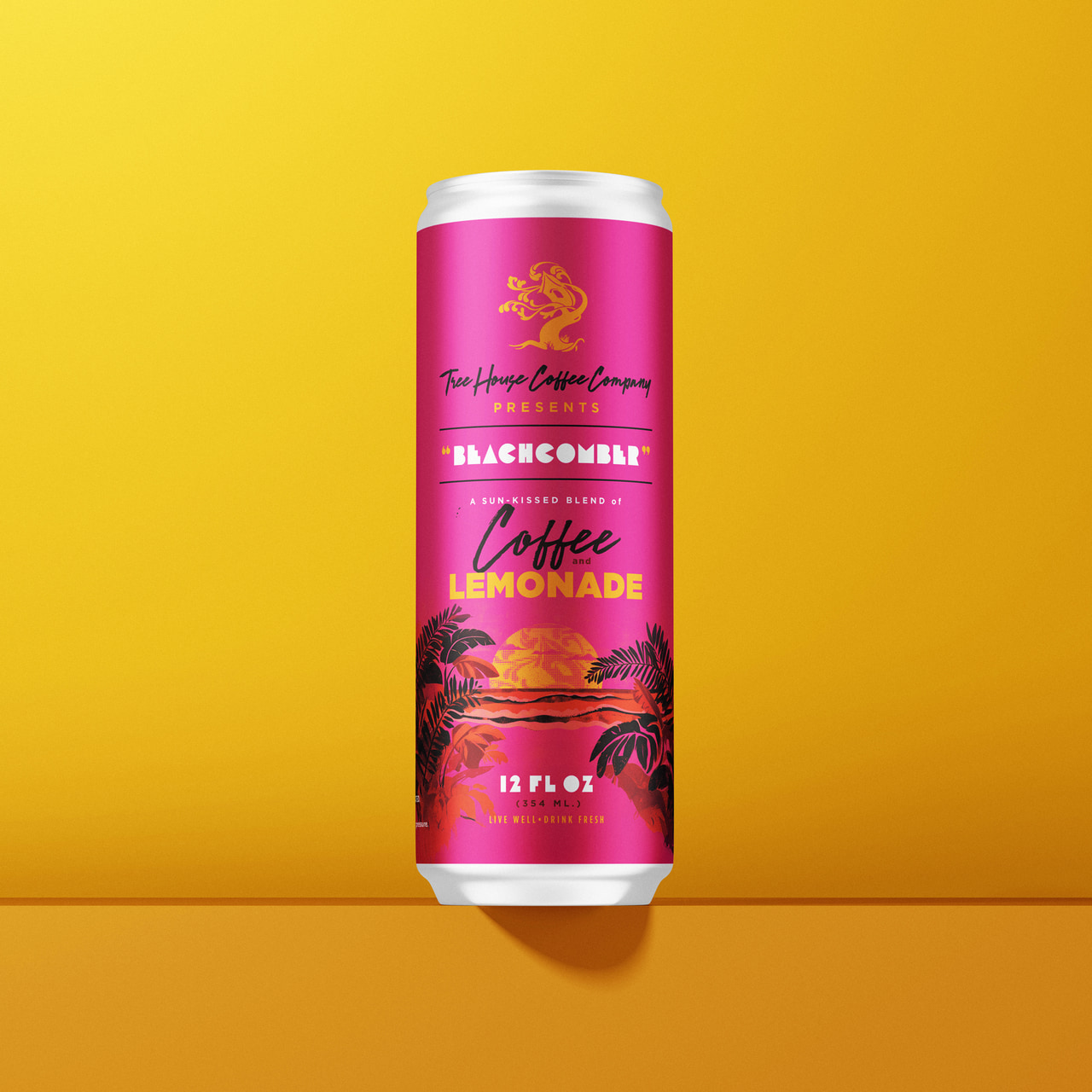 Pink Beachcomber Coffee Lemonade can with yellow script lettering and a tropical landscape illustration, on yellow.