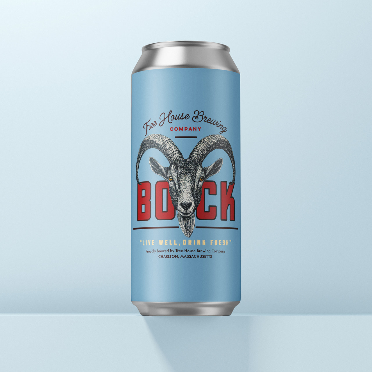 Pale blue Bock can with a detailed goat head between large red letters, on light blue.