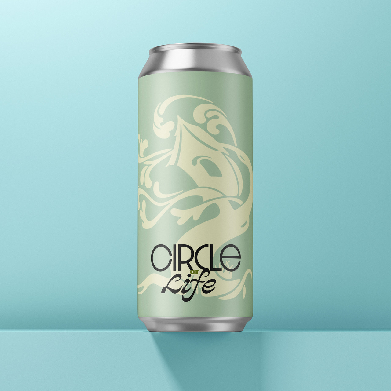 Pale green Circle of Life can with a cream ornamental tree and dark geometric lettering, on turquoise.