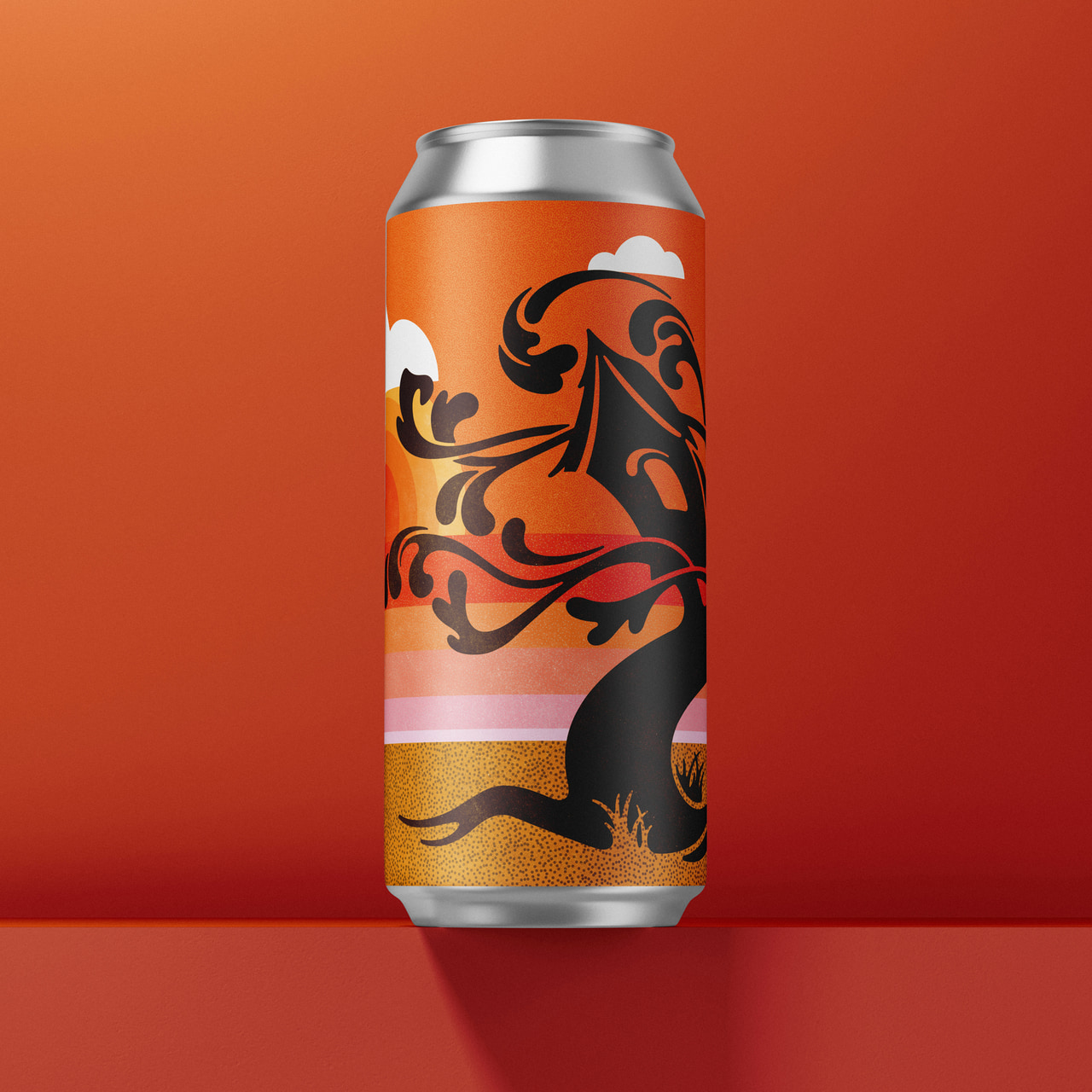 Orange and pink can dominated by a large dark ornamental tree mark, on red and orange.