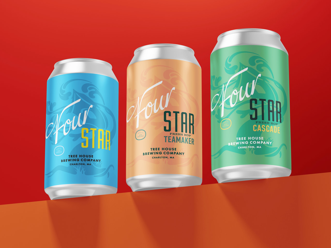 Three Tree House Four Star cans in blue, peach and green, displaying large script Four lettering and stacked Star labels against red and orange.