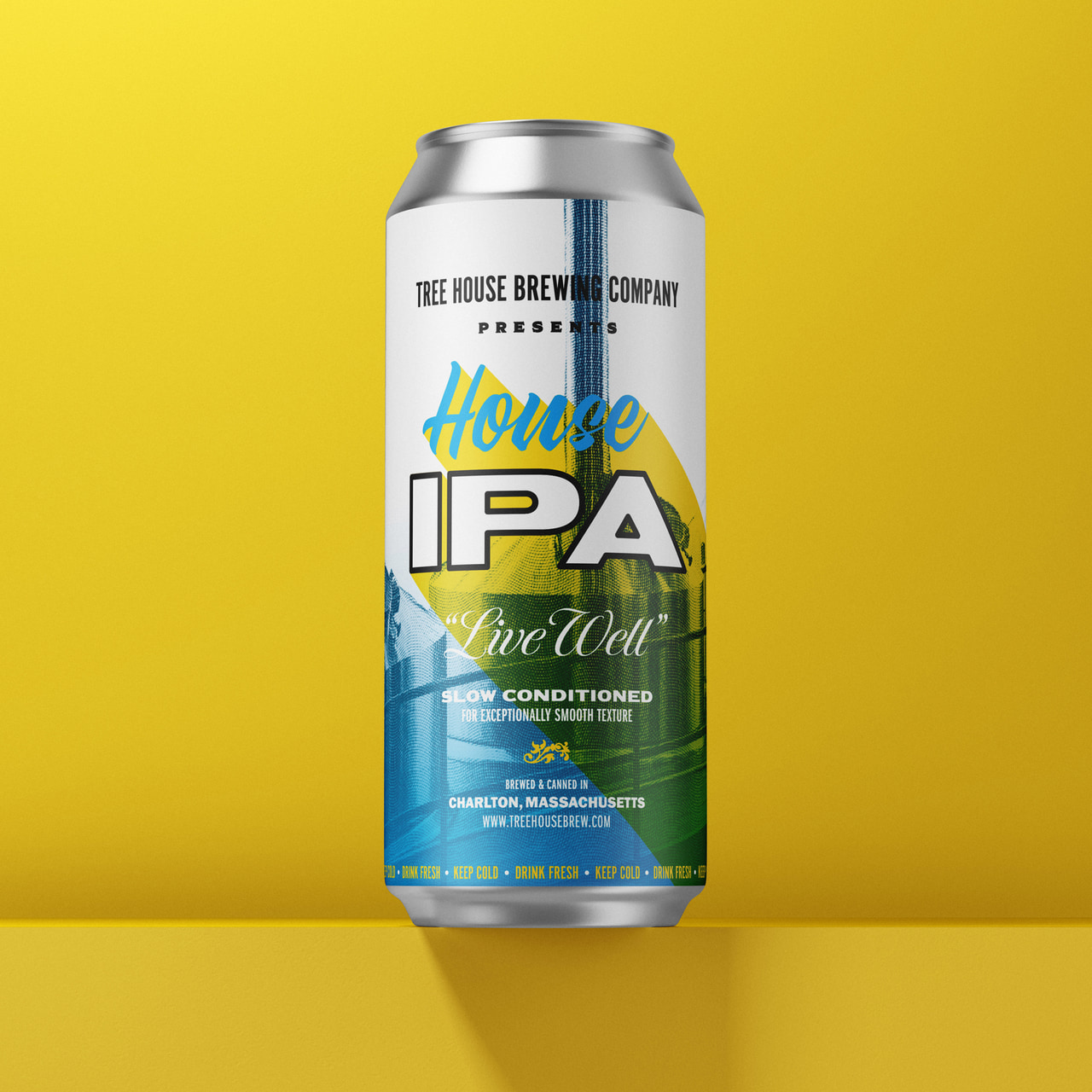 Tree House House IPA can with bold lettering and green landscape imagery, on yellow.