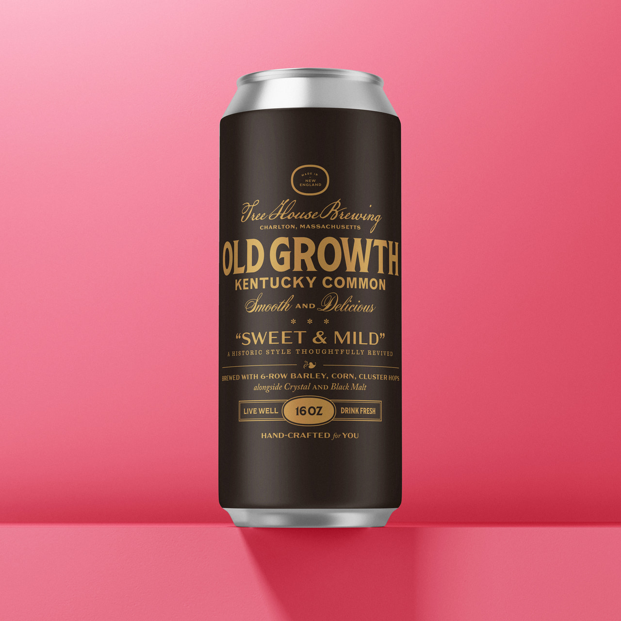Dark brown Old Growth Kentucky Common can with gold lettering and Sweet & Mild wording, on pink.