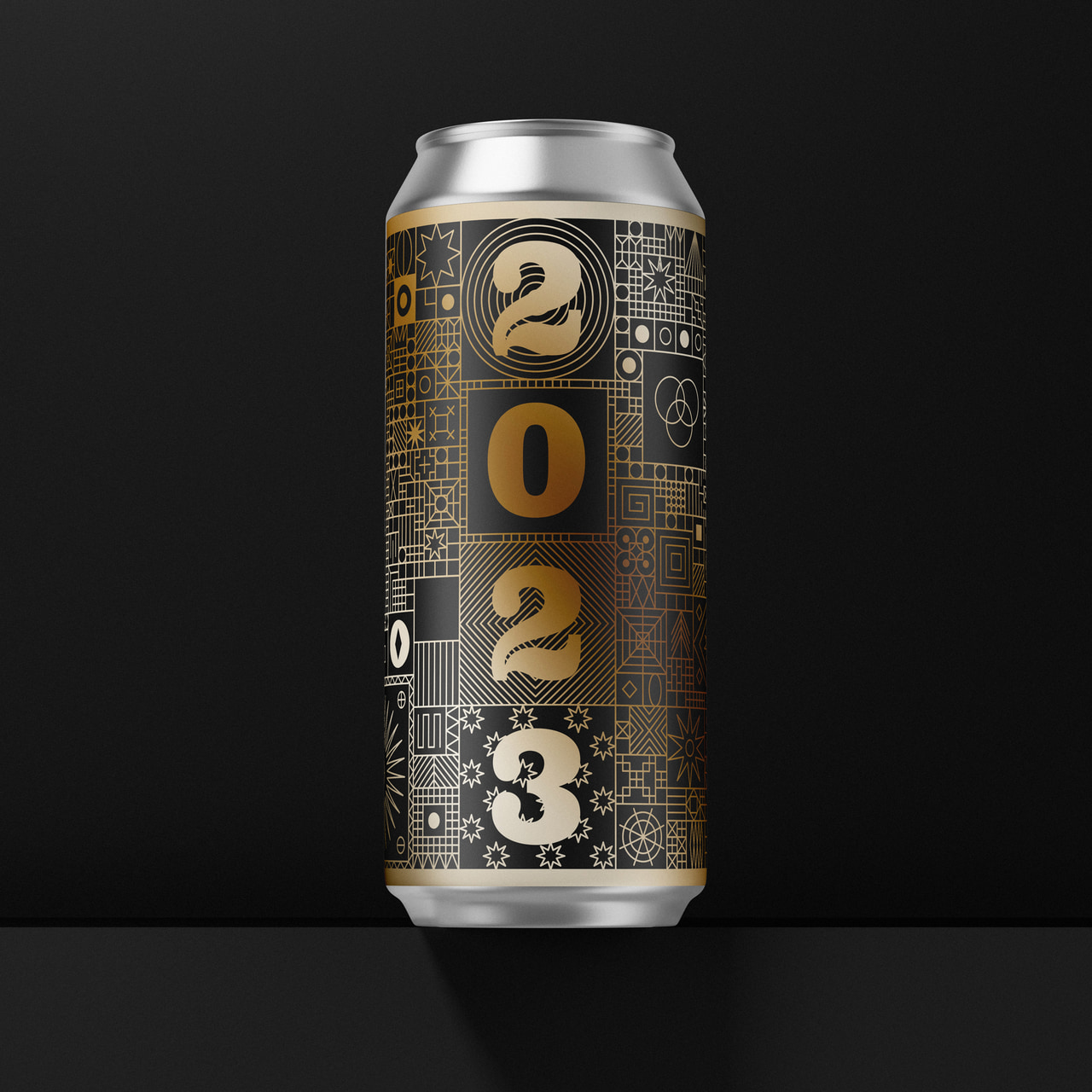 Black-and-gold Tree House 2023 can with large vertical numerals surrounded by geometric ornaments, on black.