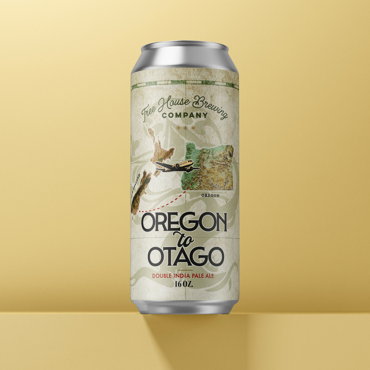 Cream Oregon to Otago can with map imagery, birds and black geometric lettering, on pale yellow.