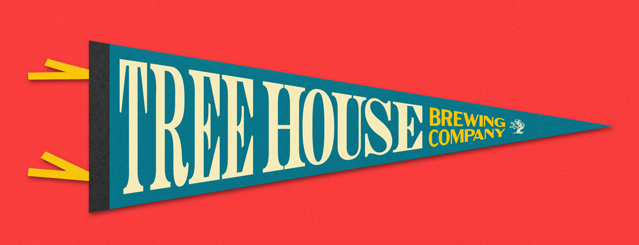 Teal triangular Tree House Brewing Company pennant with yellow lettering and streamers, on red.