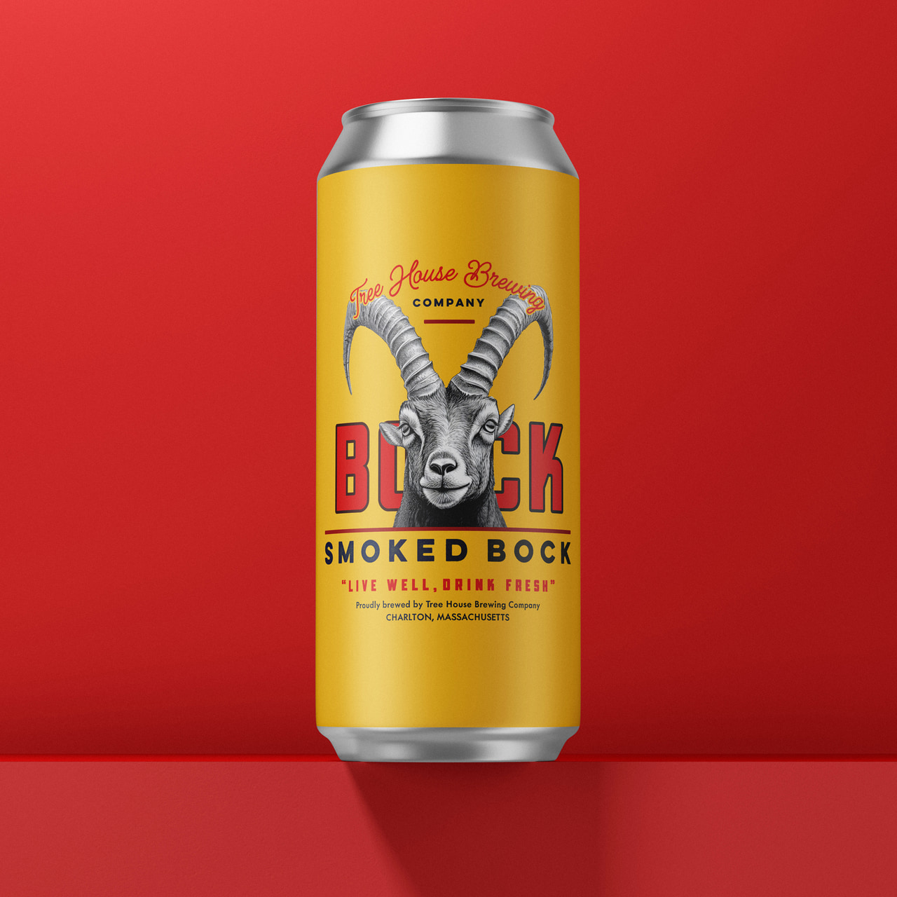 Yellow Smoked Bock can with a goat head between large red letters, on red.
