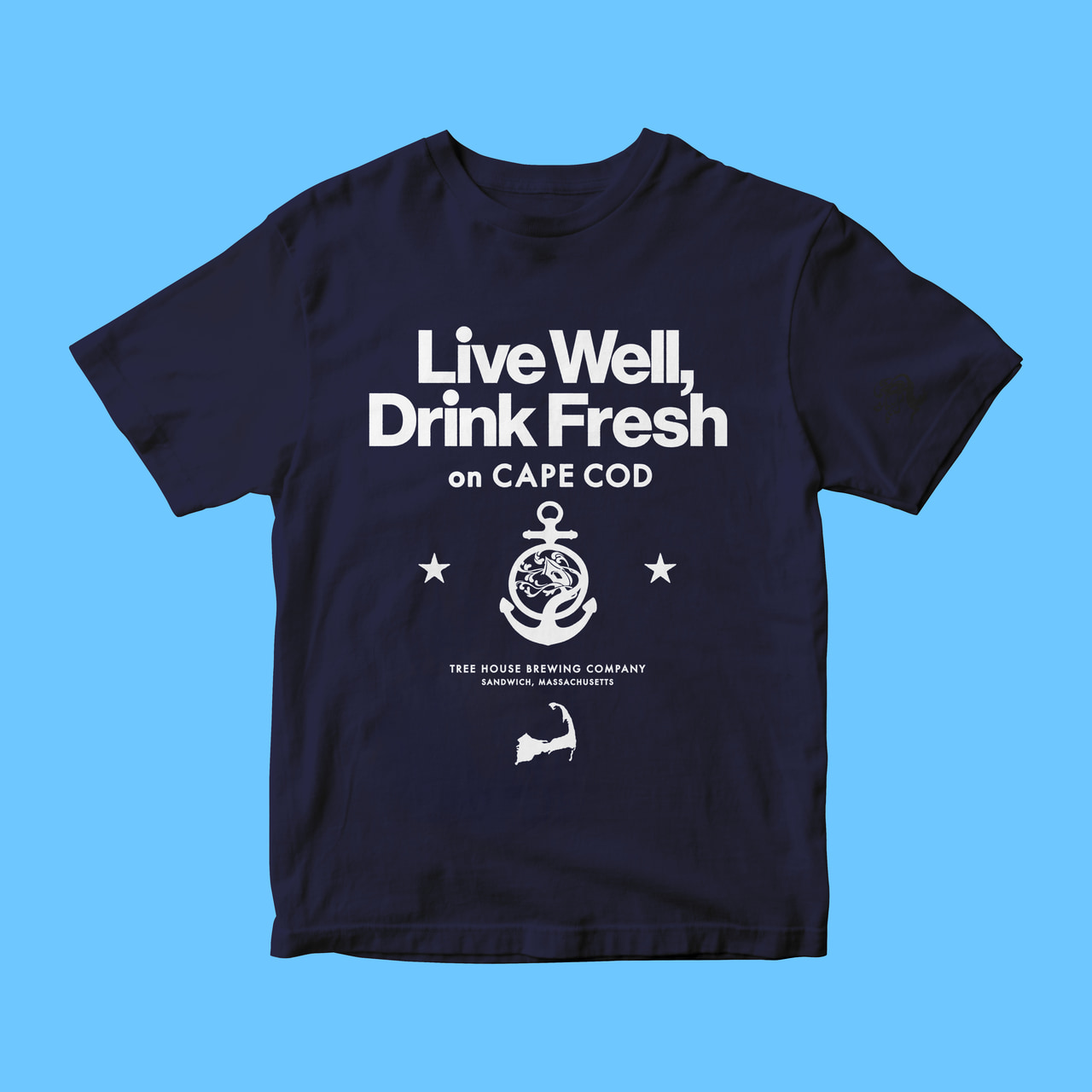 Navy T-shirt with white Live Well, Drink Fresh on Cape Cod lettering, an anchor ornament and stars, on pale blue.