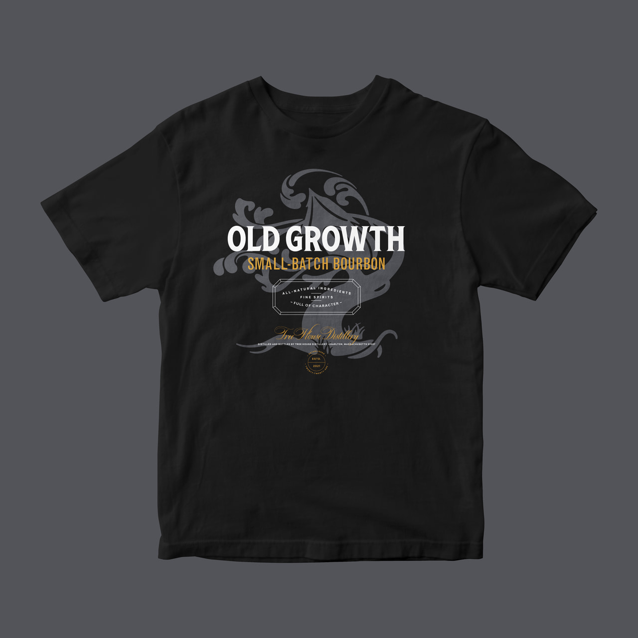 Black Old Growth T-shirt with muted gold lettering and gray ornamental tree and barrel artwork, on gray.