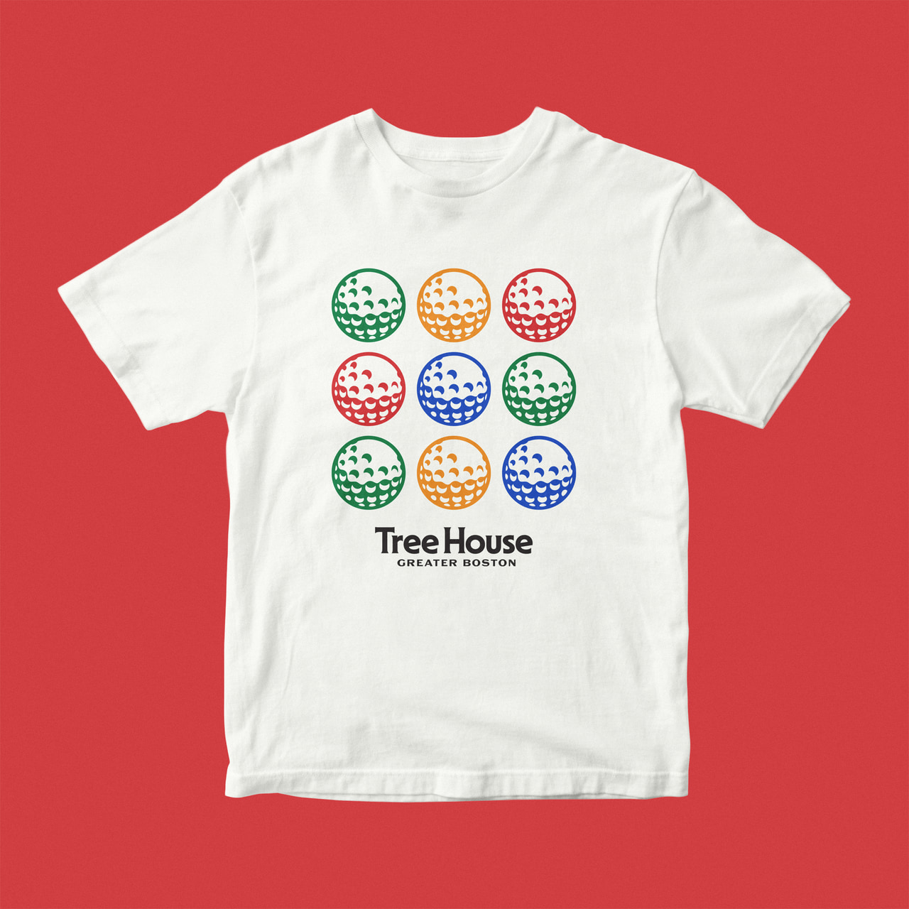 White Tree House T-shirt with nine colored circular ornaments arranged in a three-by-three grid, on red.