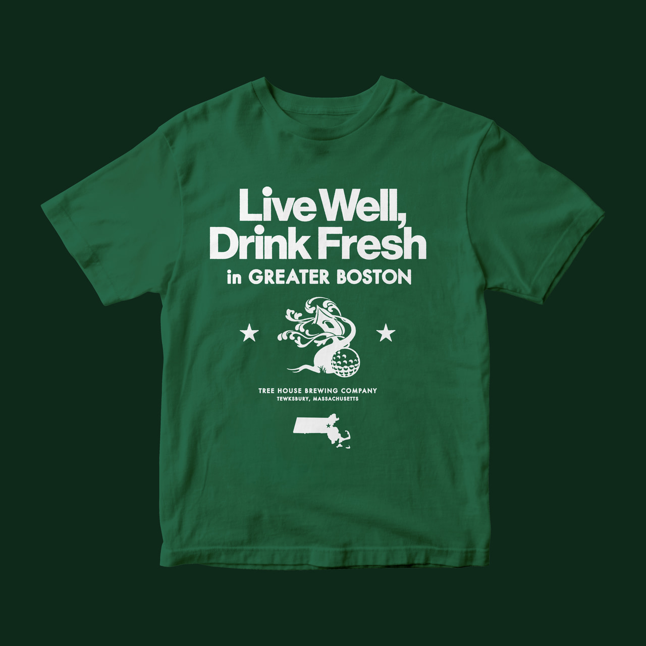 Green T-shirt with white Live Well, Drink Fresh in Greater Boston lettering, an ornamental tree and Massachusetts silhouette, on dark green.