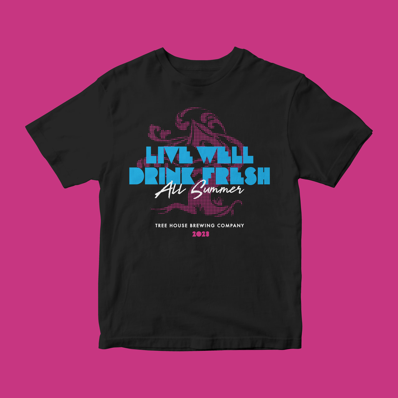 Black Tree House Brewing Company shirt with blue, purple and white Live well. Drink fresh. All summer artwork, on pink.
