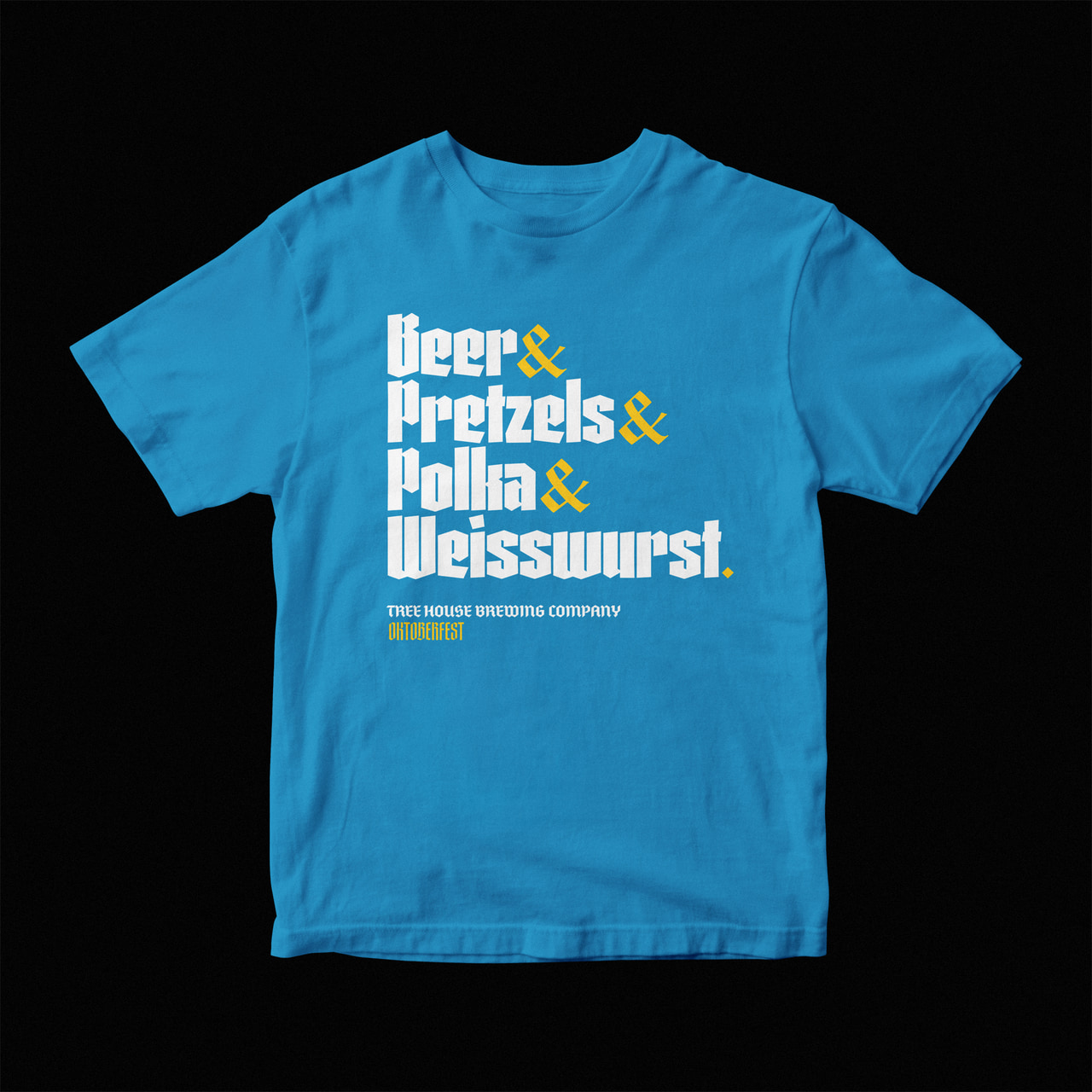 Blue T-shirt with white Beer & Pretzels & Polka & Weisswurst lettering and yellow ampersands, on black.