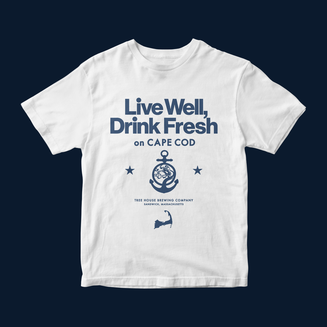 White T-shirt with blue Live Well, Drink Fresh on Cape Cod lettering, an anchor ornament, stars and a Cape Cod silhouette, on dark blue.