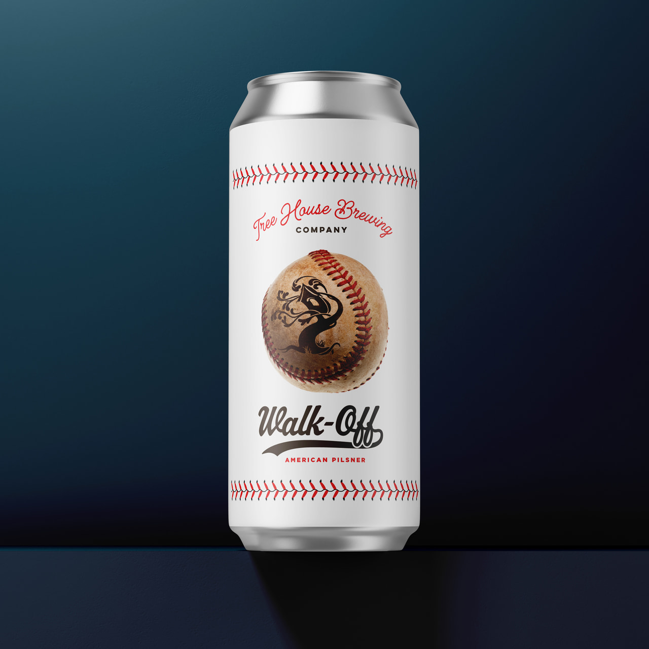 Cream Walk-Off can with a baseball illustration, red stitching motifs and dark script lettering, on dark blue.